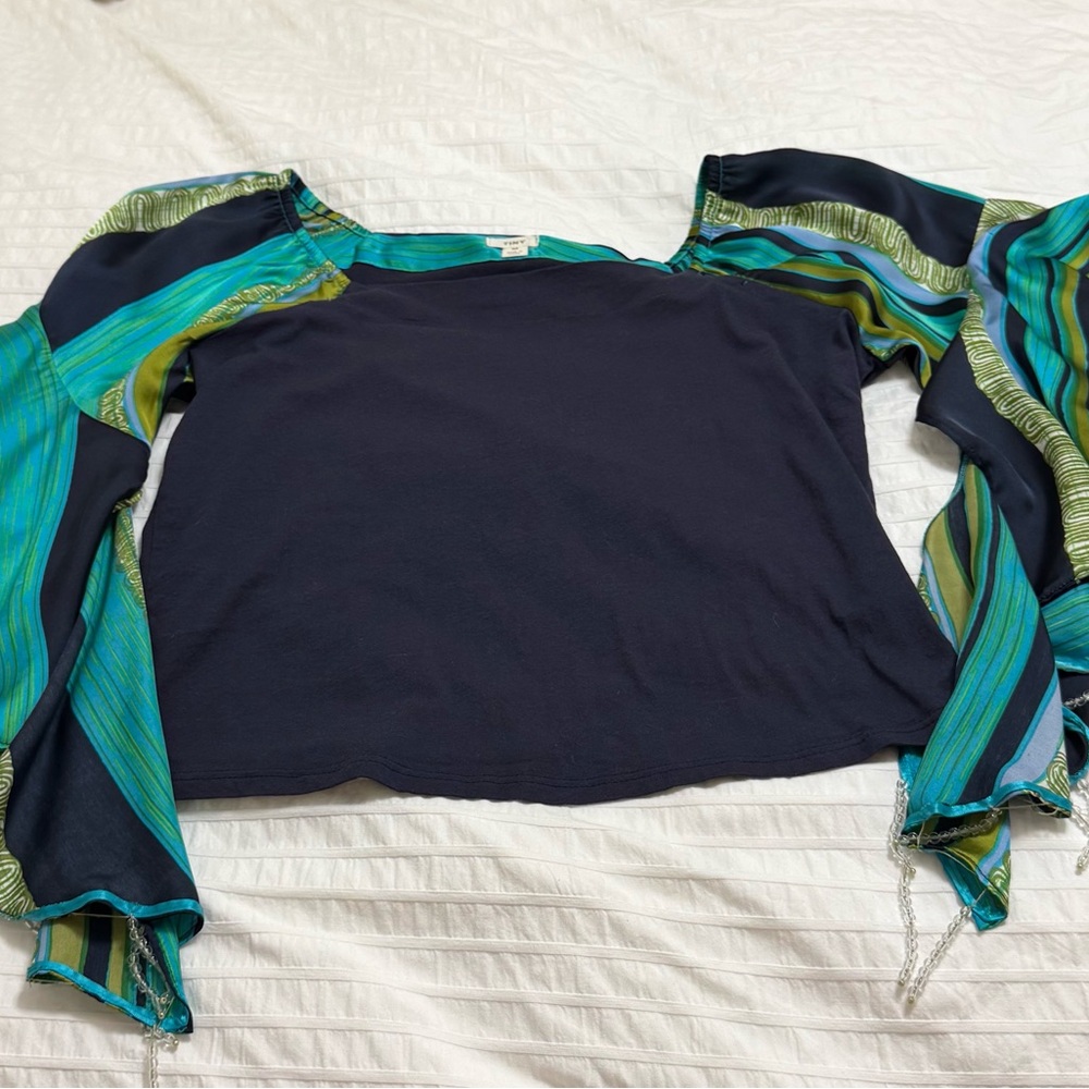 Asymmetrical Blue and Green Long Sleeve Crop Blouse